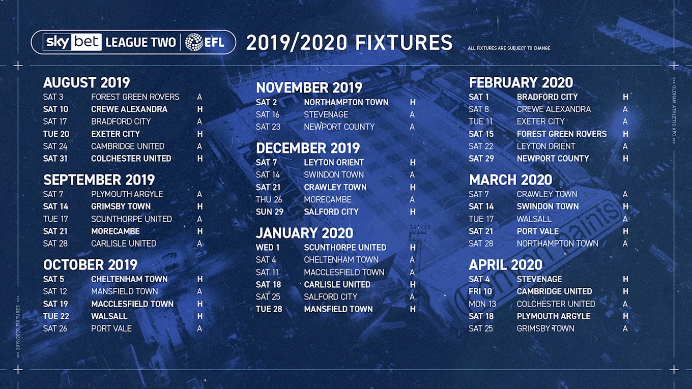 2019/20 Sky Bet League Two Fixtures - News - Oldham Athletic