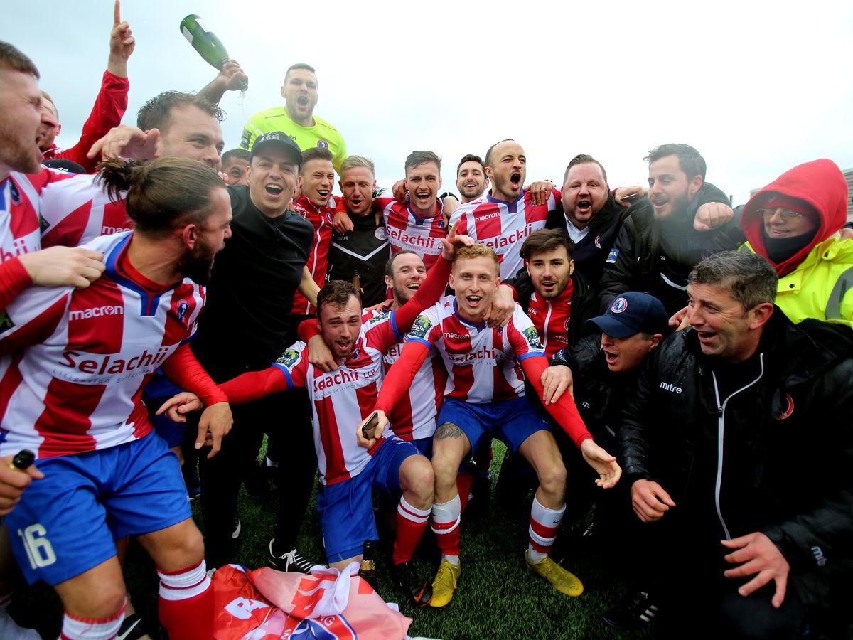 Dorking celebrate winning the 2019 Isthmian League Premier Division.jpeg